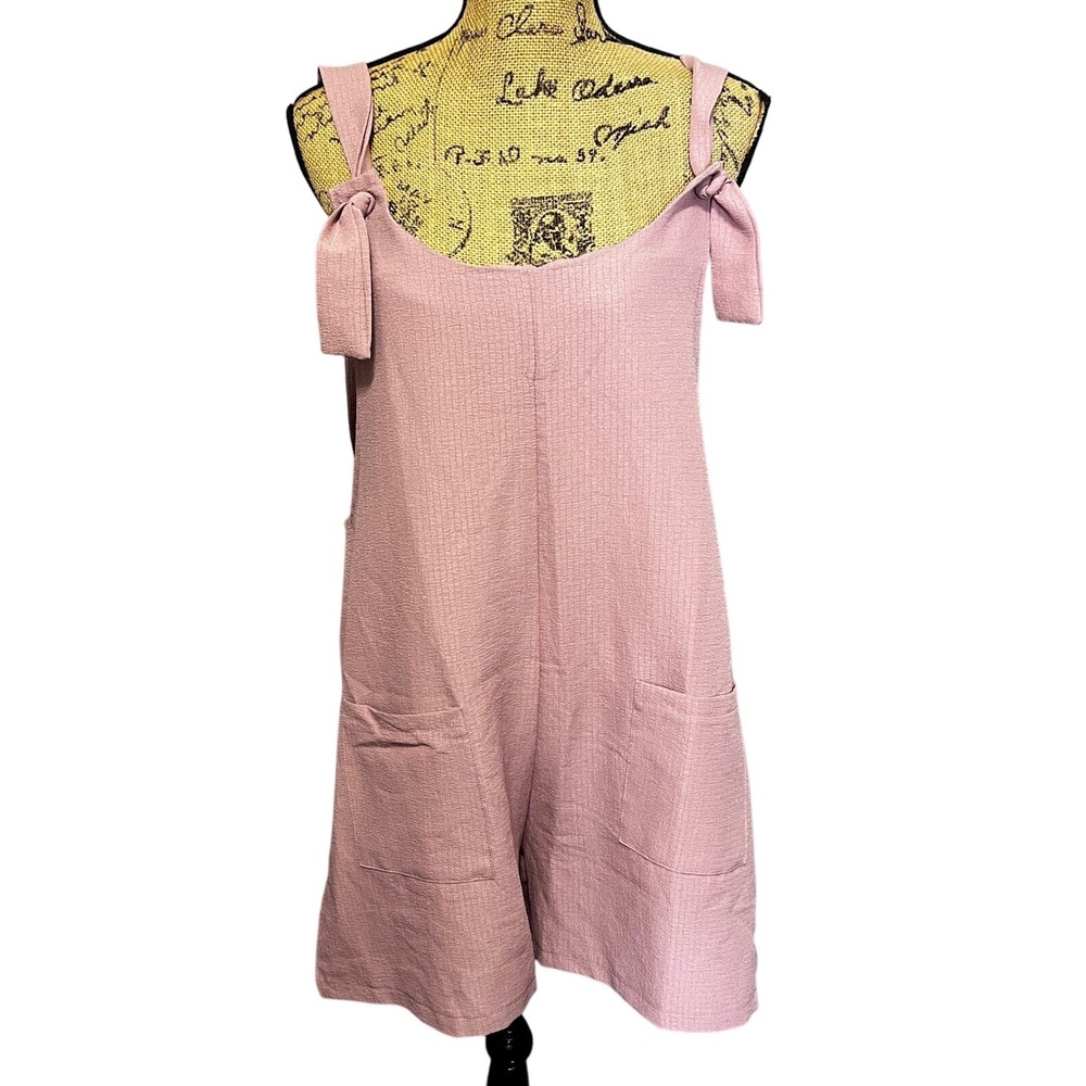 Light Pink Tie Strap Romper Jumpsuit Pockets Casual Summer Cute Comfy